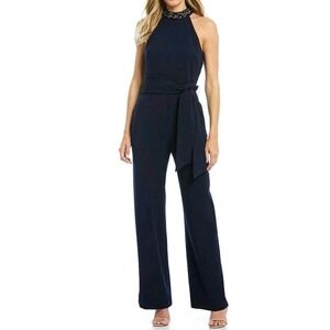 Badgley Mischka Navy Georgina Jumpsuit Belt Beaded Neckline Sleeveless Size 4